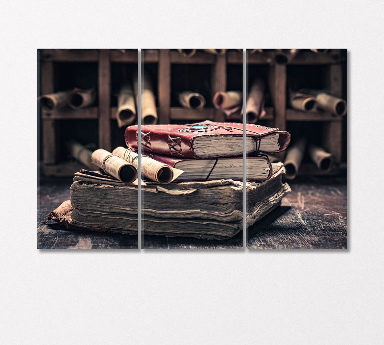 Scrolls and Books in Medieval Library Canvas Print-Canvas Print-CetArt-3 Panels-36x24 inches-CetArt