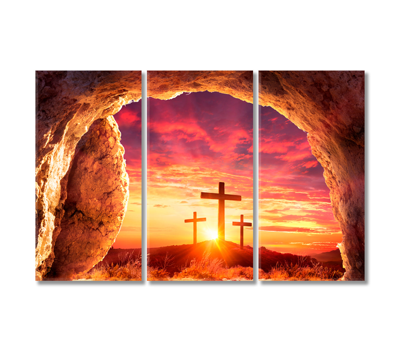 Empty Tomb With Three Crosses On Hill Canvas Print-Canvas Print-CetArt-3 Panels-36x24 inches-CetArt