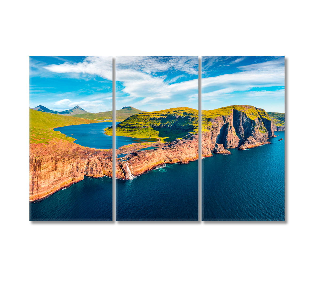 Bosdalafossur Waterfall Sorvagsvatn Lake Faroe Islands Canvas Print-Canvas Print-CetArt-3 Panels-36x24 inches-CetArt