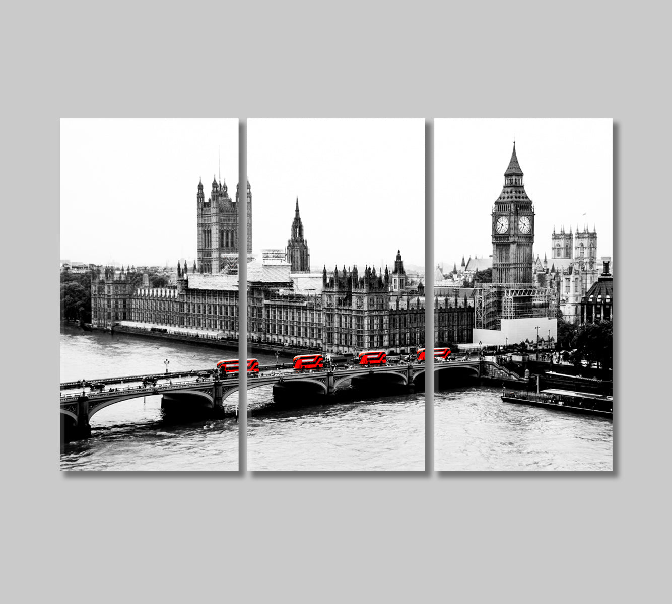Black and White London with Red Buses Canvas Print-Canvas Print-CetArt-3 Panels-36x24 inches-CetArt