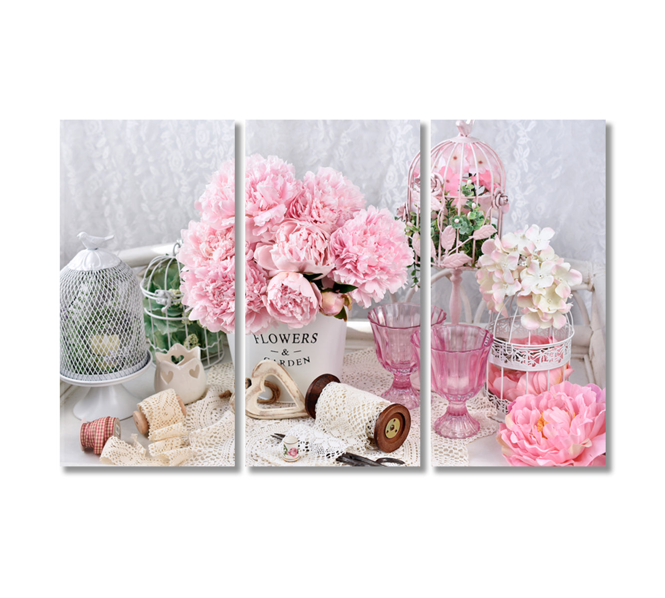 Peony Flowers in Shabby Chic Style Canvas Print-Canvas Print-CetArt-3 Panels-36x24 inches-CetArt