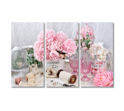 Peony Flowers in Shabby Chic Style Canvas Print-Canvas Print-CetArt-3 Panels-36x24 inches-CetArt