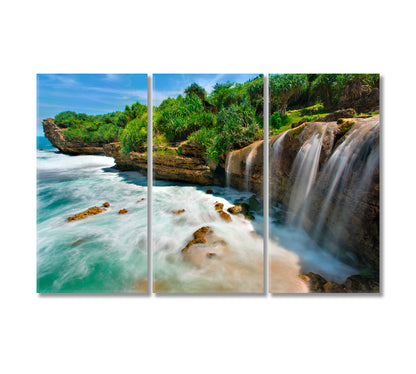 Jogan Beach with Waterfall Java Indonesia Canvas Print-Canvas Print-CetArt-3 Panels-36x24 inches-CetArt