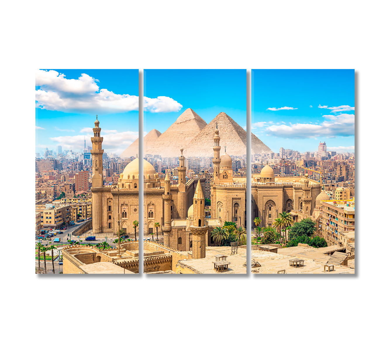 Mosque Sultan Hassan in Cairo and Pyramids Canvas Print-Canvas Print-CetArt-3 Panels-36x24 inches-CetArt