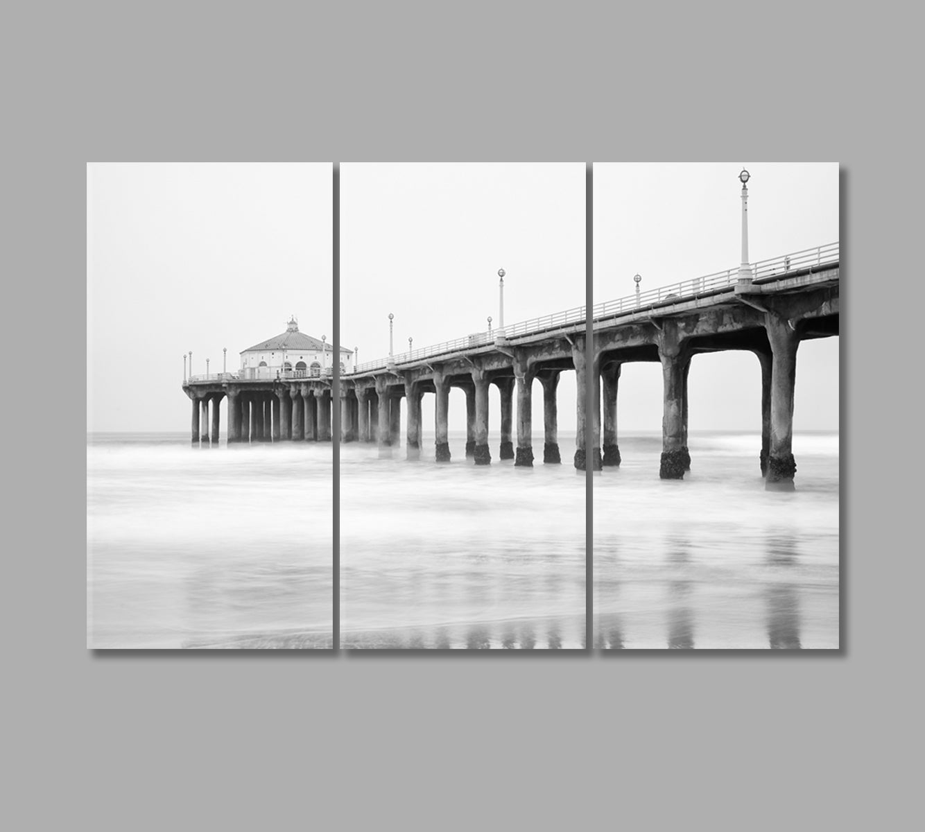 Black and White Manhattan Beach Pier California Canvas Print-Canvas Print-CetArt-3 Panels-36x24 inches-CetArt