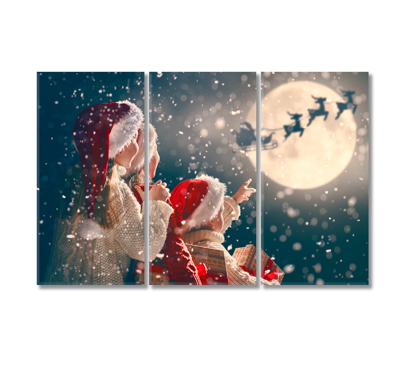 Children See Santa Claus in Sleigh Merry Christmas Canvas Print-Canvas Print-CetArt-3 Panels-36x24 inches-CetArt