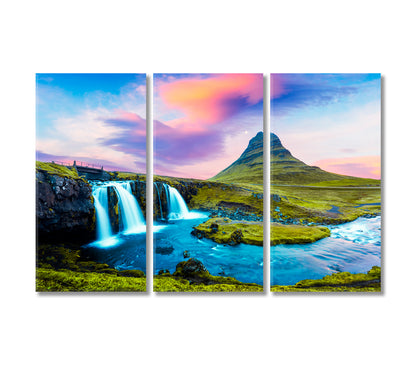 Landscape with Kirkjufell Mountain and Kirkjufellsfoss Waterfall Iceland Canvas Print-Canvas Print-CetArt-3 Panels-36x24 inches-CetArt