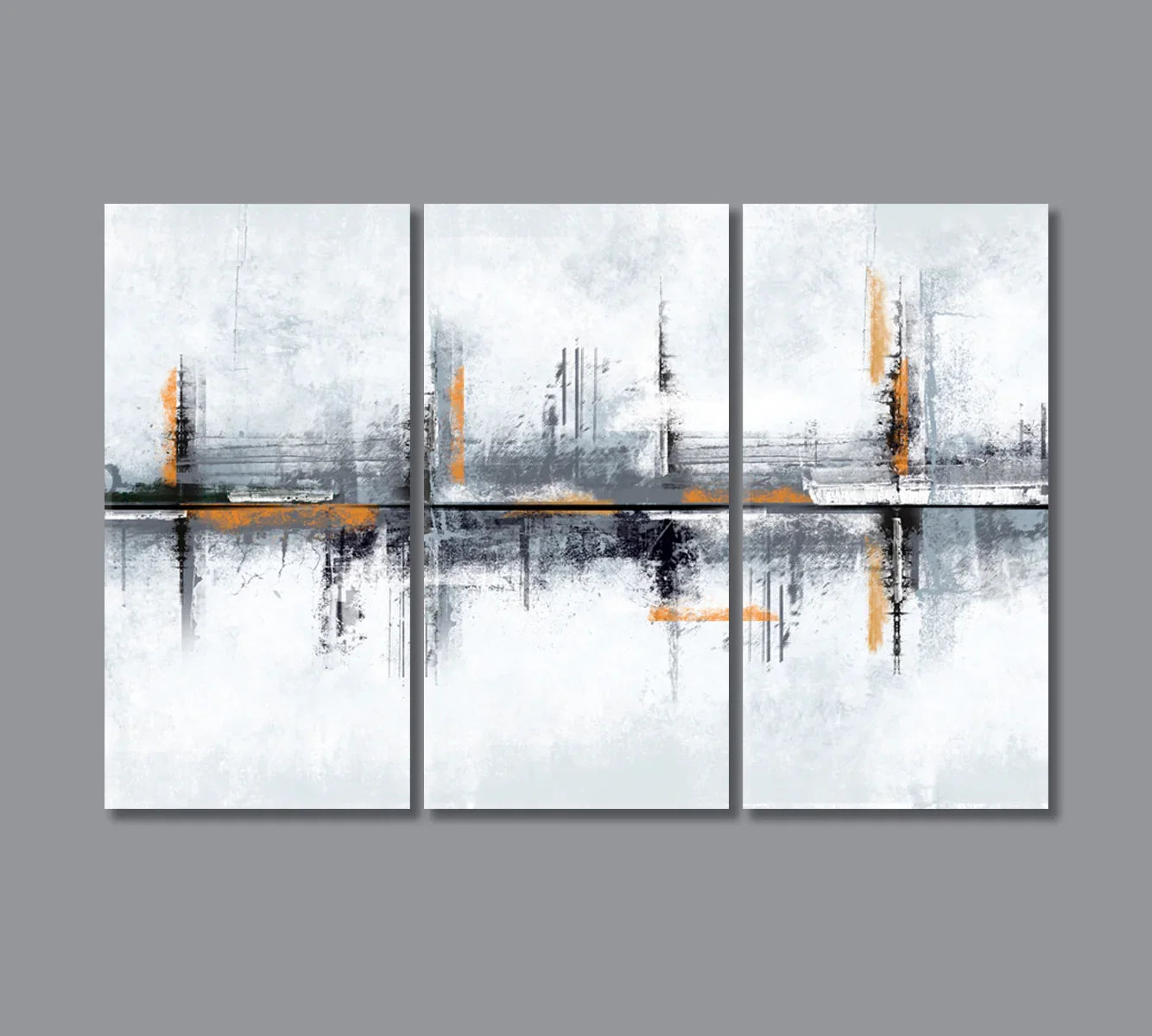 Triptych variation of Abstract Modern Art—gray field with orange accents