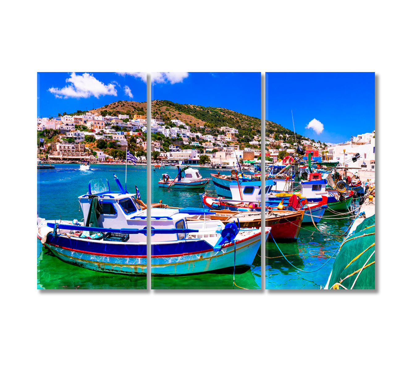 Fishing Village with Boats Leros Island Dodecanese Greece Canvas Print-Canvas Print-CetArt-3 Panels-36x24 inches-CetArt