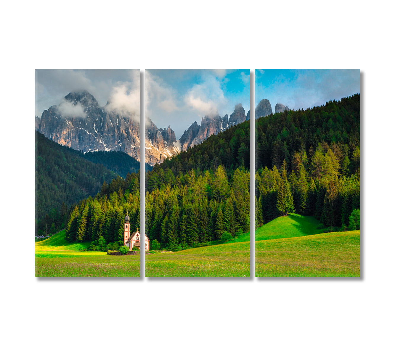 Alpine St Johann Church in Val di Funes Valley Italy Canvas Print-Canvas Print-CetArt-3 Panels-36x24 inches-CetArt