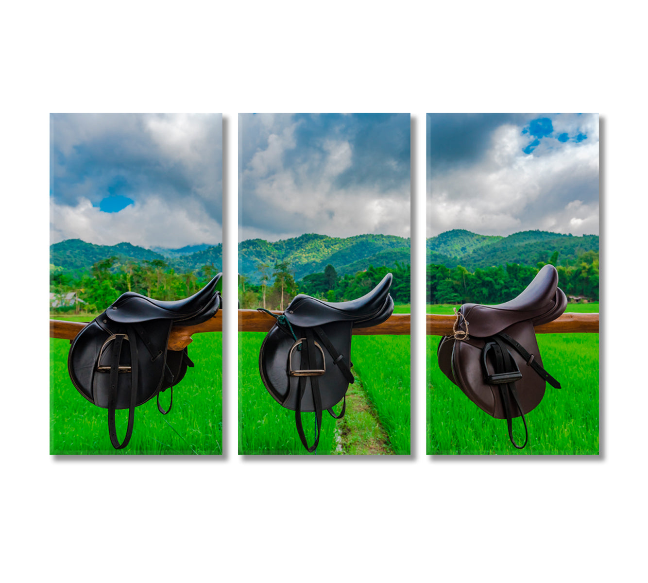 Saddle in Horse Farm with Mountain Landscape Canvas Print-Canvas Print-CetArt-3 Panels-36x24 inches-CetArt