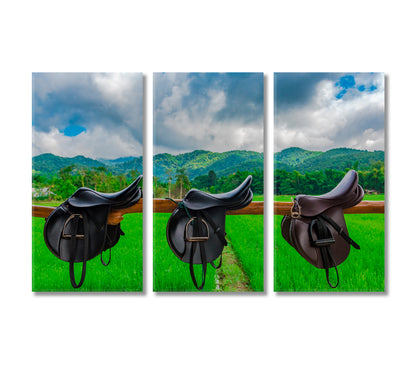 Saddle in Horse Farm with Mountain Landscape Canvas Print-Canvas Print-CetArt-3 Panels-36x24 inches-CetArt