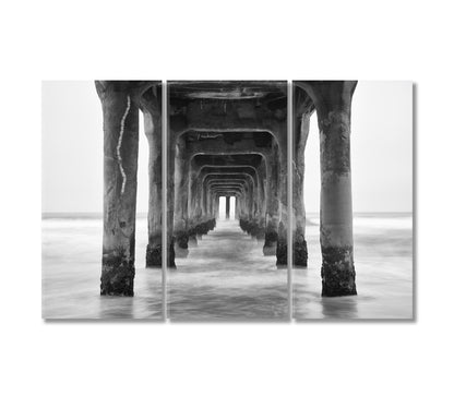 Under the Manhattan Beach Pier in Black and White California Canvas Print-Canvas Print-CetArt-3 Panels-36x24 inches-CetArt