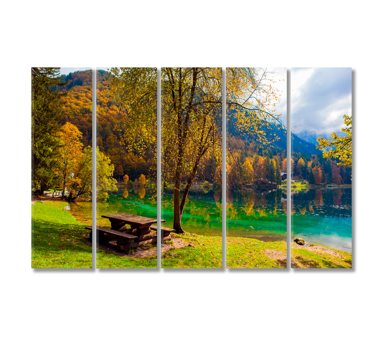 Beautiful Yellow Trees Reflected in Lake Fuzine Alps Northern Italy Canvas Print-Canvas Print-CetArt-5 Panels-36x24 inches-CetArt