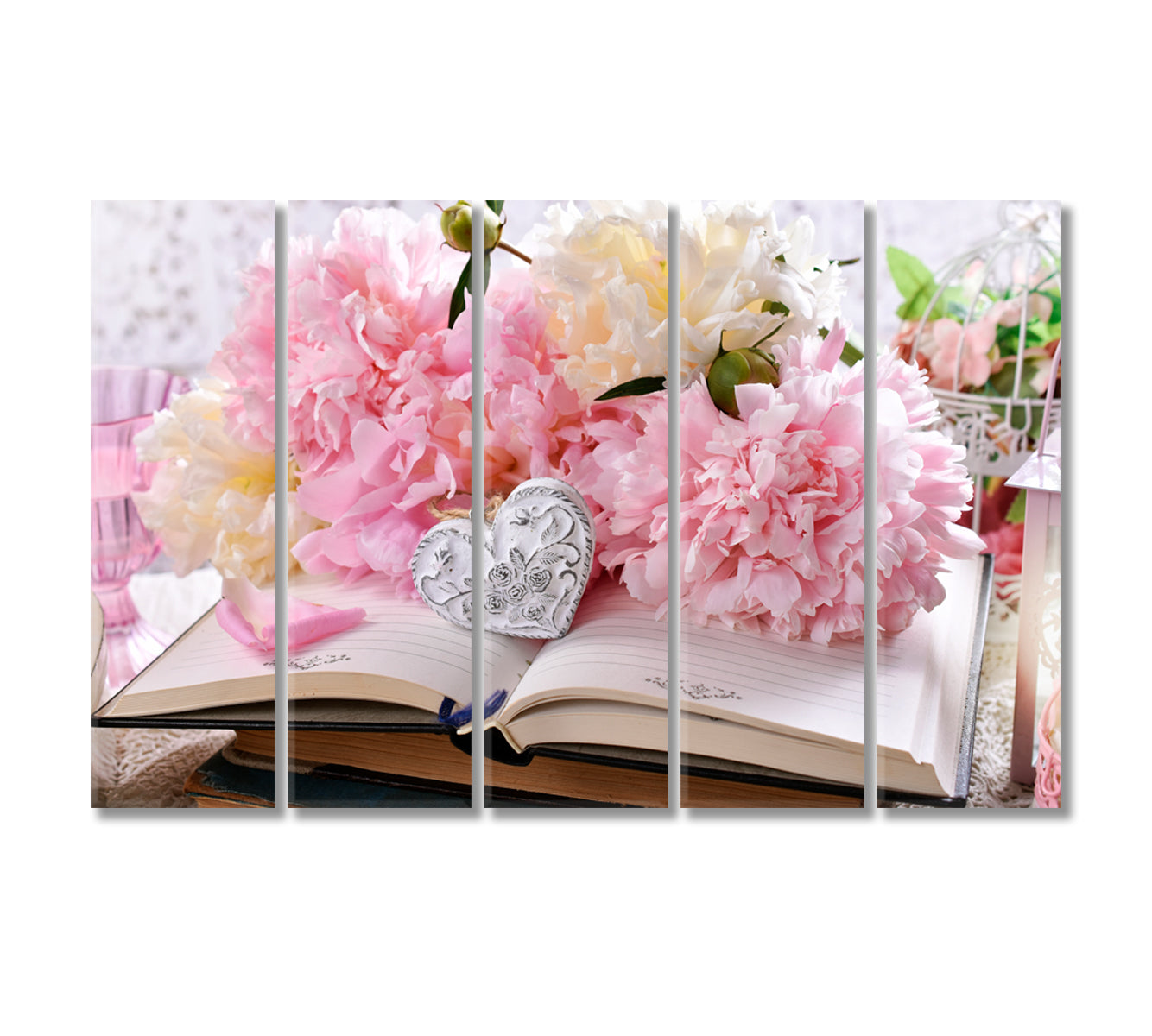 Beautiful Shabby Chic Style Pink Peonies and Old Books Canvas Print-Canvas Print-CetArt-5 Panels-36x24 inches-CetArt