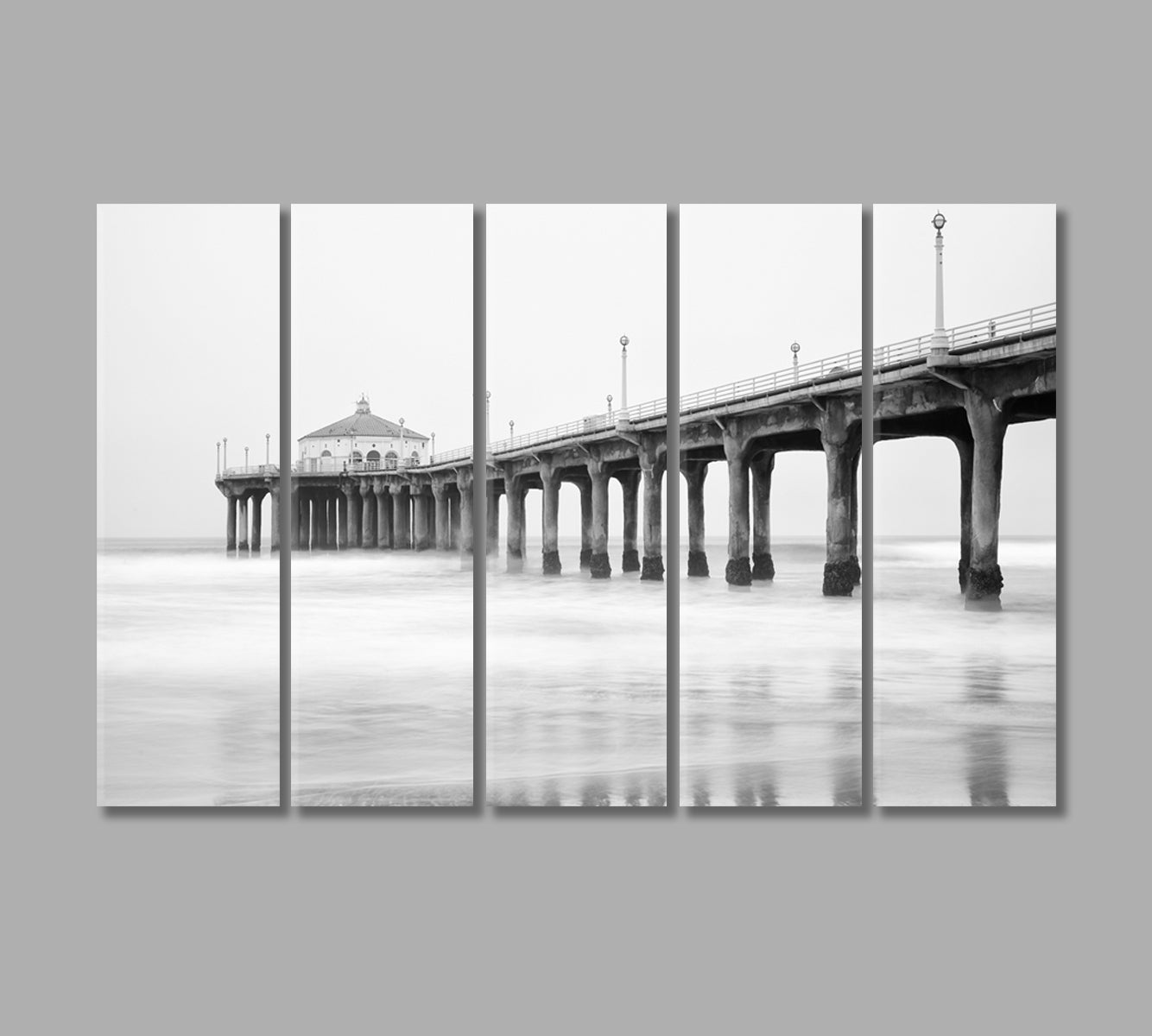 Black and White Manhattan Beach Pier California Canvas Print-Canvas Print-CetArt-5 Panels-36x24 inches-CetArt