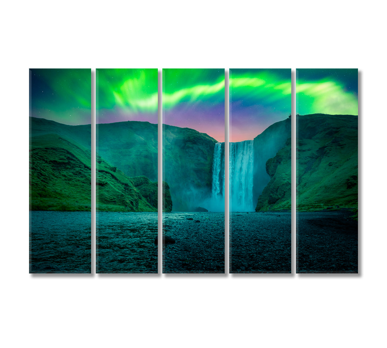Skogafoss Waterfall with Green Aurora Light Skoga River Iceland Canvas Print-Canvas Print-CetArt-5 Panels-36x24 inches-CetArt