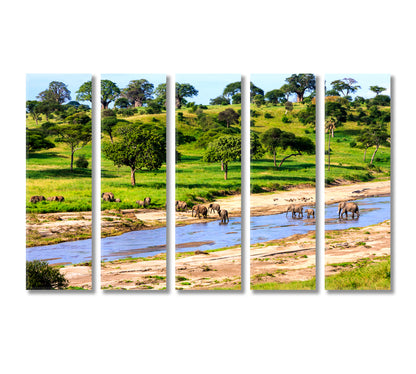 Elephants Cross River in Serengeti National Park Tanzania Africa Canvas Print-Canvas Print-CetArt-5 Panels-36x24 inches-CetArt