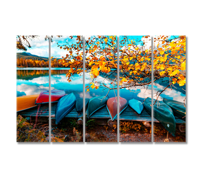 Canoes On Lake at Autumn Forest Canvas Print-Canvas Print-CetArt-5 Panels-36x24 inches-CetArt