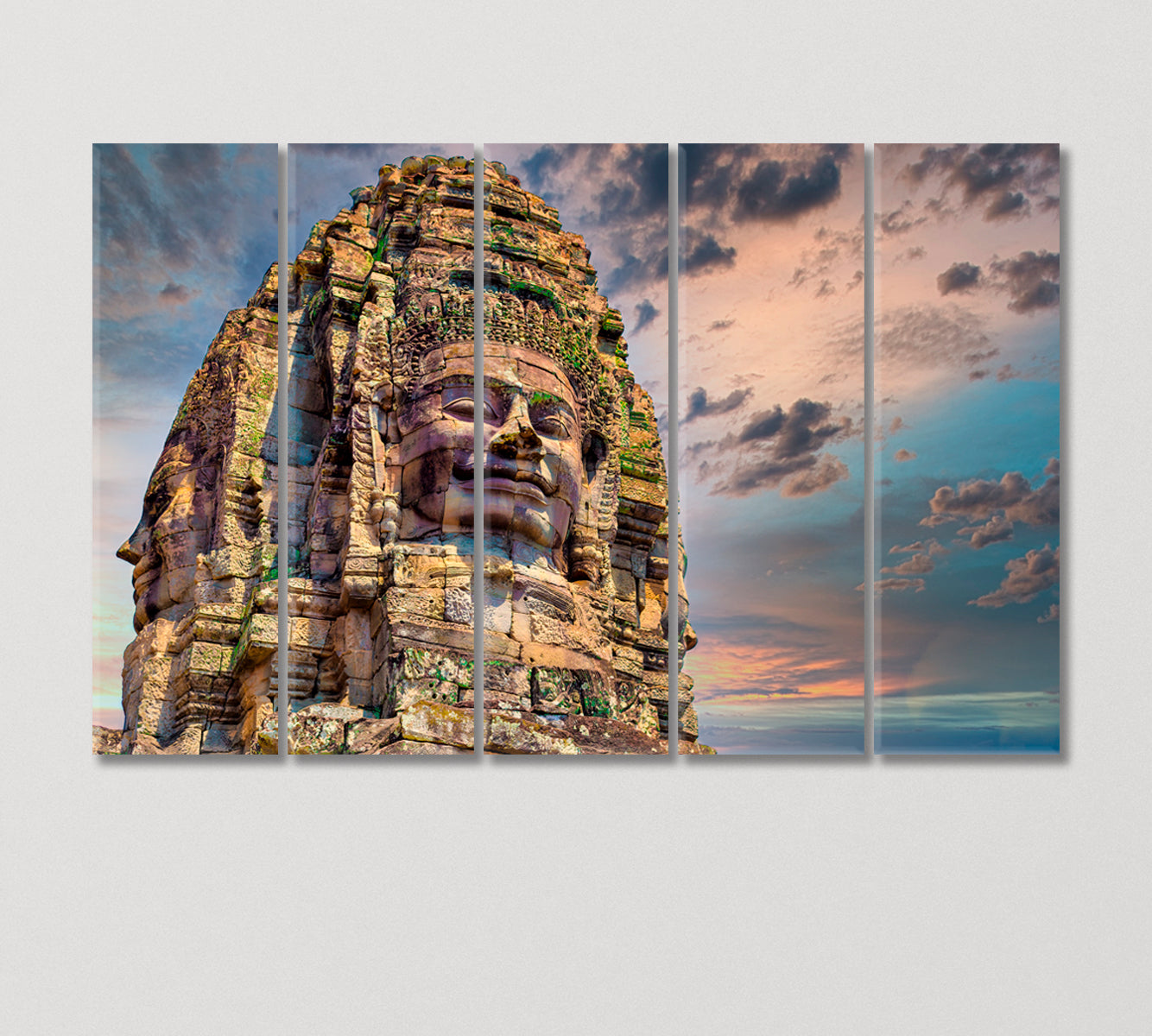 Giant Stone Face in Prasat Bayon Temple Cambodia Canvas Print-Canvas Print-CetArt-5 Panels-36x24 inches-CetArt