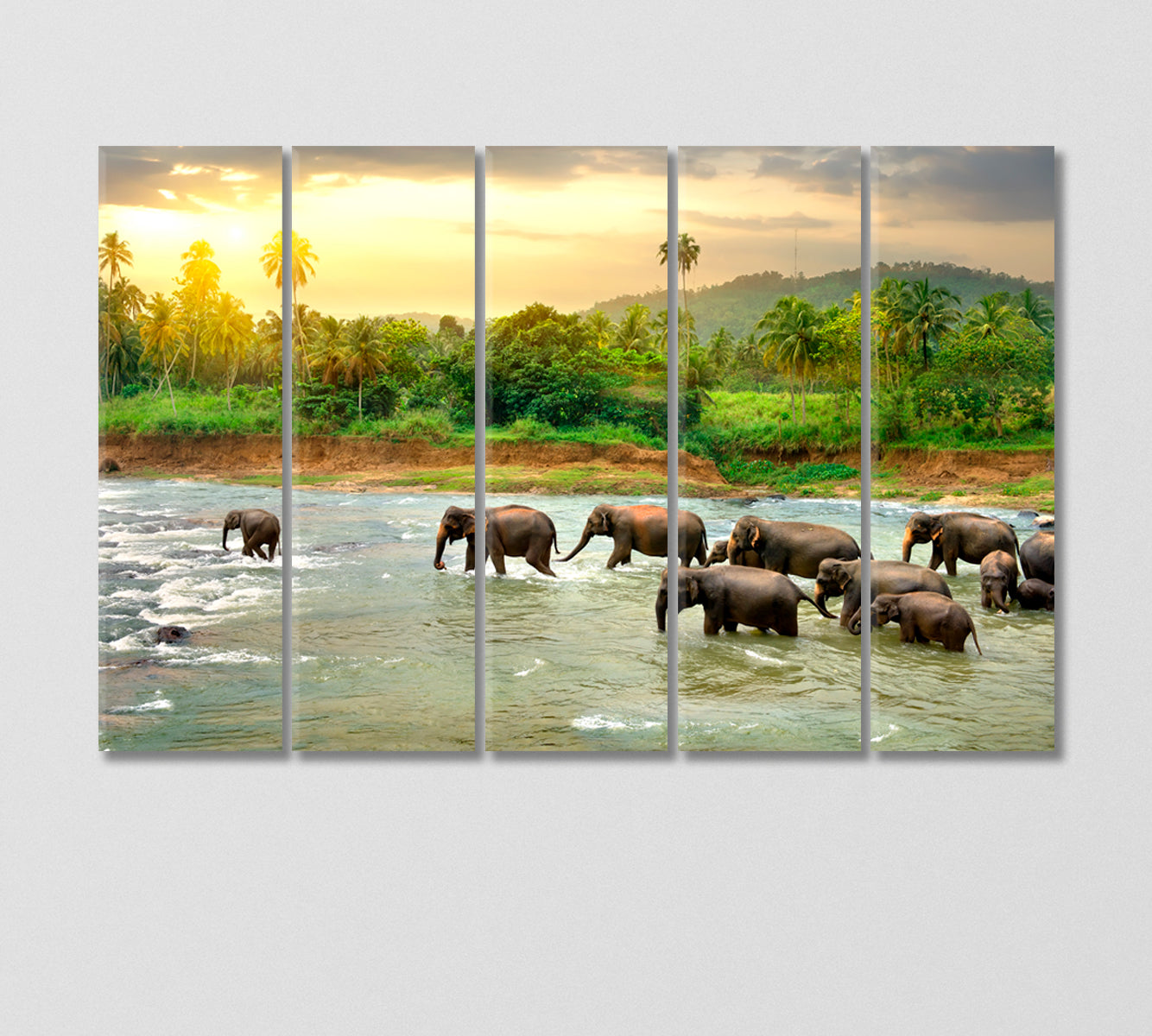 Herd of Elephants in River Canvas Print-Canvas Print-CetArt-5 Panels-36x24 inches-CetArt