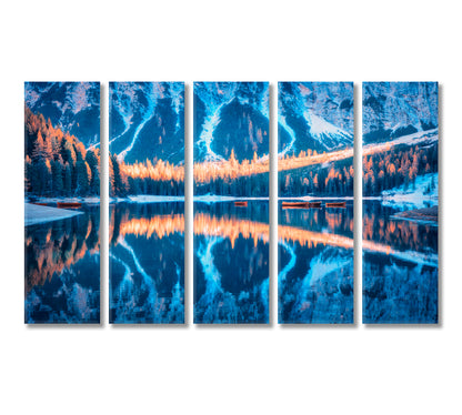 Braies Lake with Beautiful Mountains Reflection Dolomites Italy Canvas Print-Canvas Print-CetArt-5 Panels-36x24 inches-CetArt