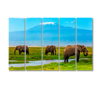 African Elephants at Mount Kilimanjaro Amboseli Reserve Kenya Canvas Print-Canvas Print-CetArt-5 Panels-36x24 inches-CetArt