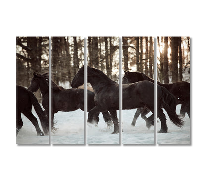 Friesian Horses Running in Winter Forest Canvas Print-Canvas Print-CetArt-5 Panels-36x24 inches-CetArt
