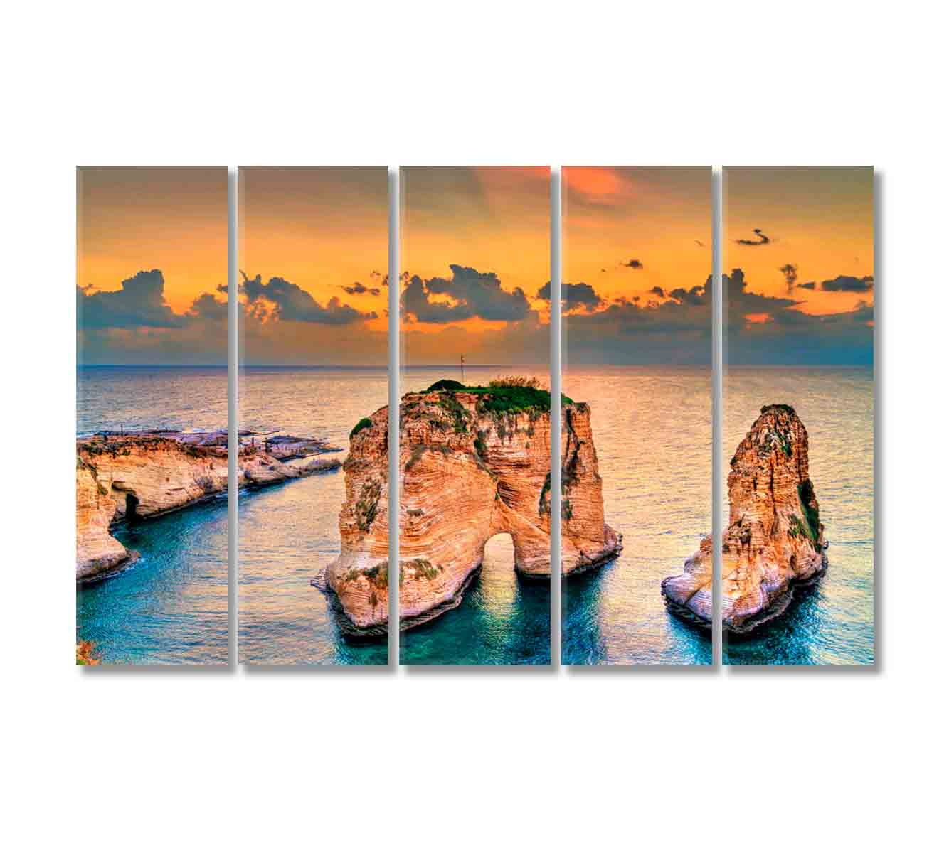 Raouche Rocks at Sunset Beirut Canvas Print-Canvas Print-CetArt-5 Panels-36x24 inches-CetArt