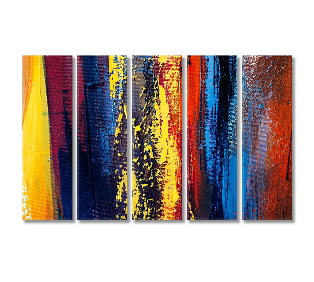 Five-panel abstract canvas with saturated blue, red, and yellow textures