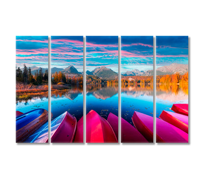 Red Wooden Boats at Lake Strbske Pleso in High Tatras National Park Slovakia Canvas Print-Canvas Print-CetArt-5 Panels-36x24 inches-CetArt