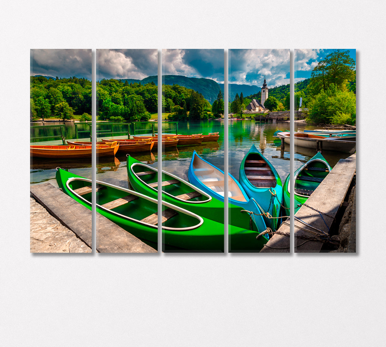 Canoes Kayaks and Wooden Boats on Lake Bohinj Slovenia Canvas Print-Canvas Print-CetArt-5 Panels-36x24 inches-CetArt