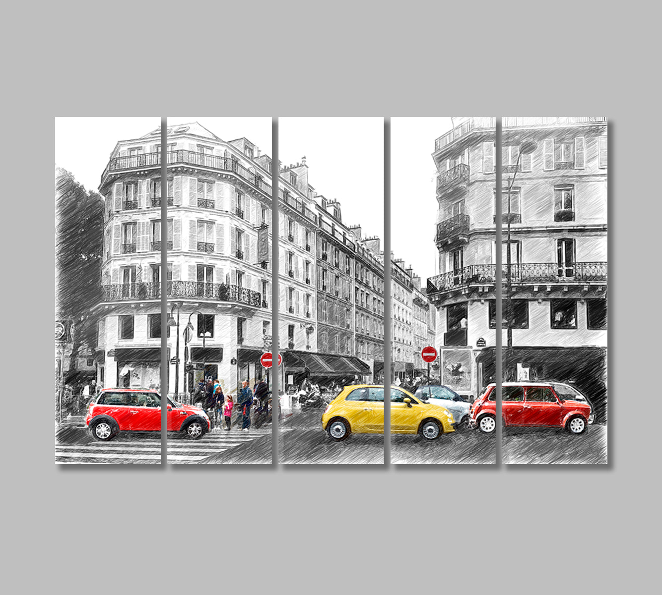 Paris Street in Black And White With Red Cars Canvas Print-Canvas Print-CetArt-5 Panels-36x24 inches-CetArt