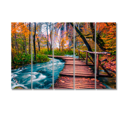 Wooden Bridge and Waterfalls in Plitvice National Park Croatia Canvas Print-Canvas Print-CetArt-5 Panels-36x24 inches-CetArt