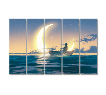 Man in Boat at Sea with Crescent Canvas Print-Canvas Print-CetArt-5 Panels-36x24 inches-CetArt