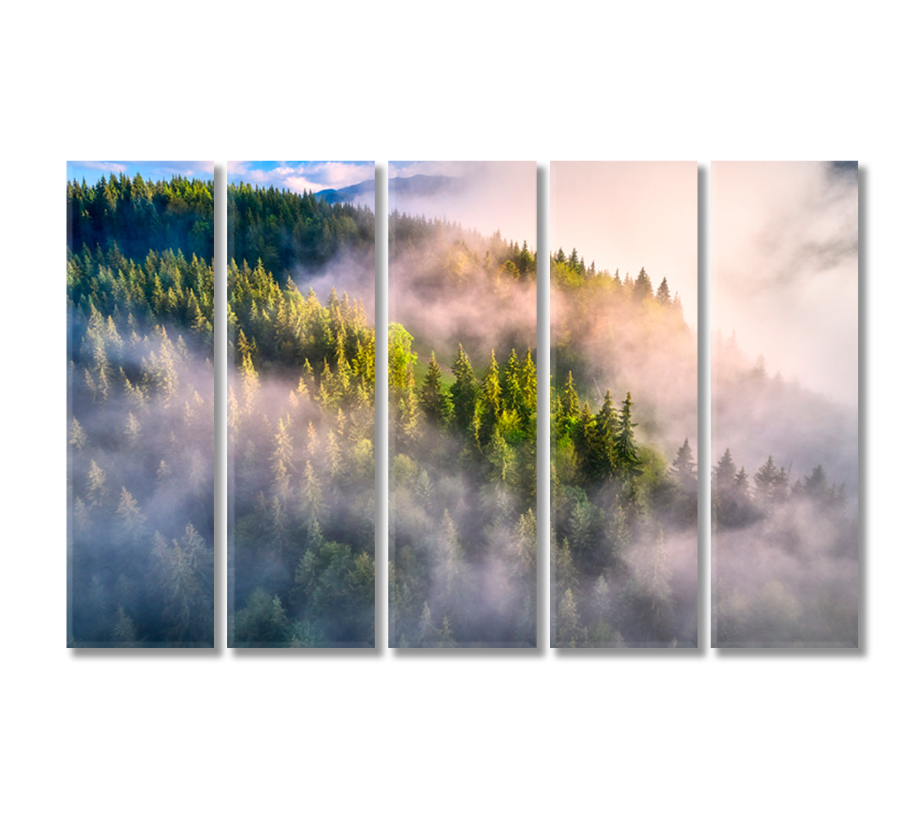 Mountains Slopes with Green Trees in Fog Canvas Print-Canvas Print-CetArt-5 Panels-36x24 inches-CetArt