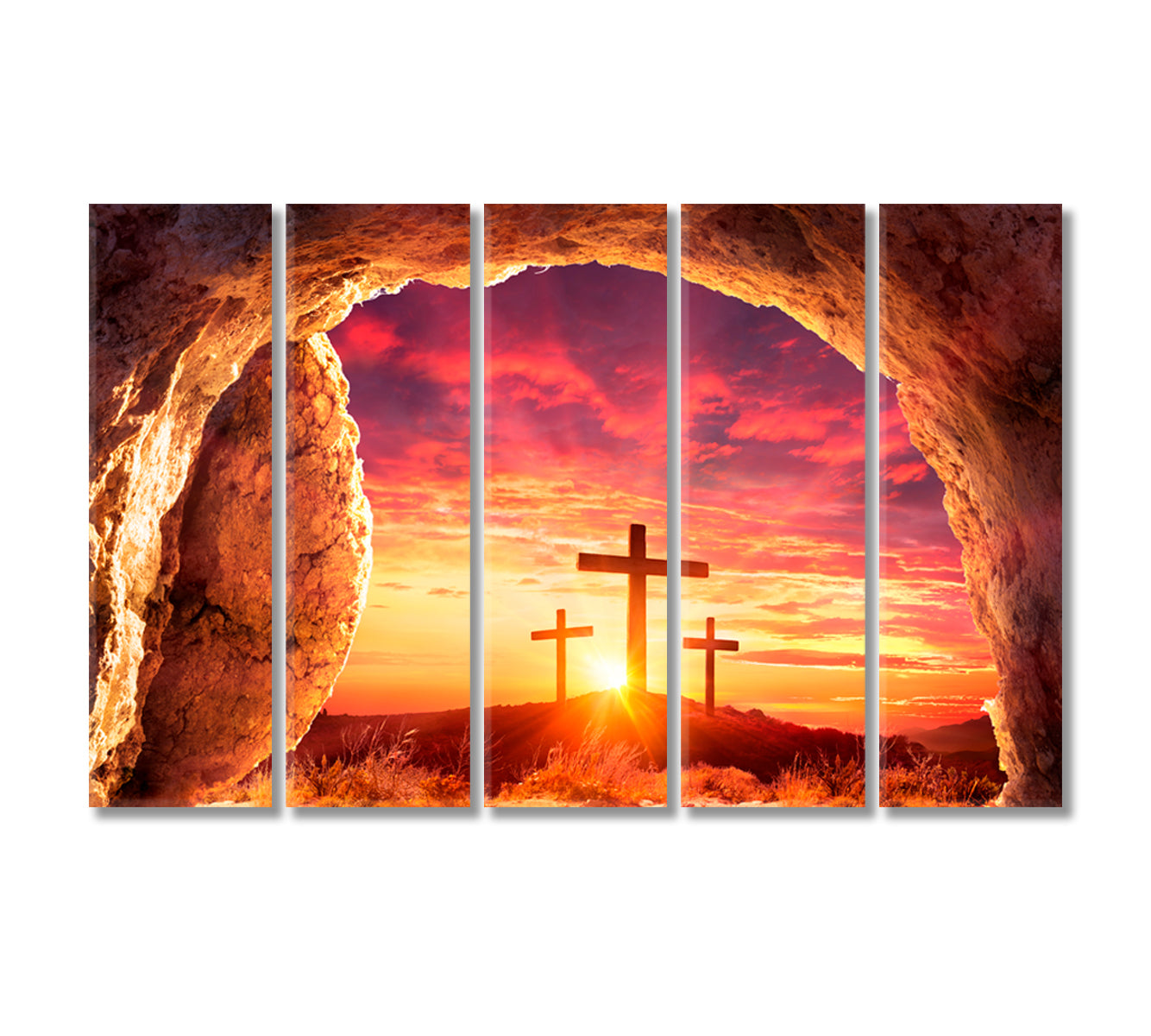 Empty Tomb With Three Crosses On Hill Canvas Print-Canvas Print-CetArt-5 Panels-36x24 inches-CetArt