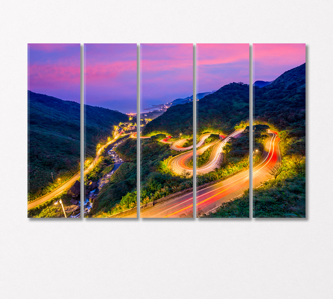 Illuminated Hillside Road at Dusk Jiufen Taiwan Canvas Print-Canvas Print-CetArt-5 Panels-36x24 inches-CetArt