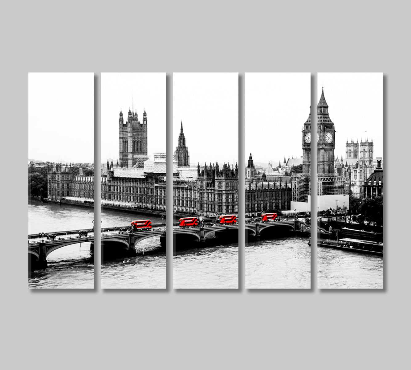 Black and White London with Red Buses Canvas Print-Canvas Print-CetArt-5 Panels-36x24 inches-CetArt