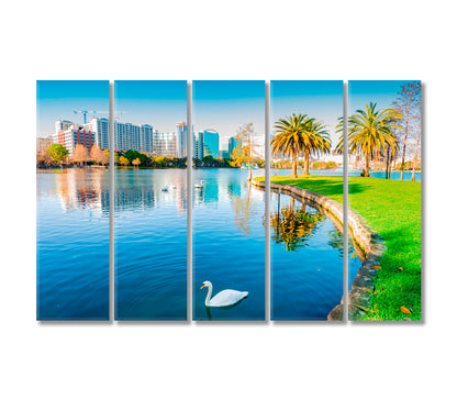 White Swans in Lake Eola Orlando USA Canvas Print-Canvas Print-CetArt-5 Panels-36x24 inches-CetArt