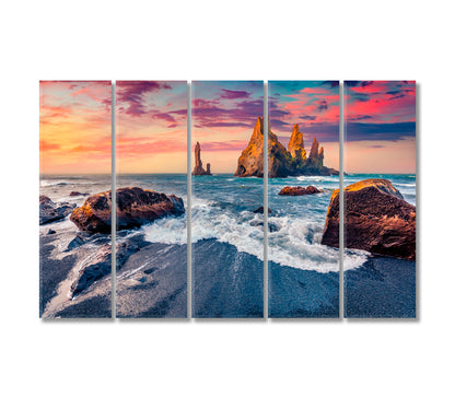 Colorful Sunset with Reynisdrangar Cliffs Iceland Canvas Print-Canvas Print-CetArt-5 Panels-36x24 inches-CetArt