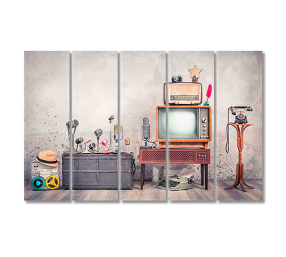 Retro TV and Old Microphones Vintage Style Canvas Print-Canvas Print-CetArt-5 Panels-36x24 inches-CetArt