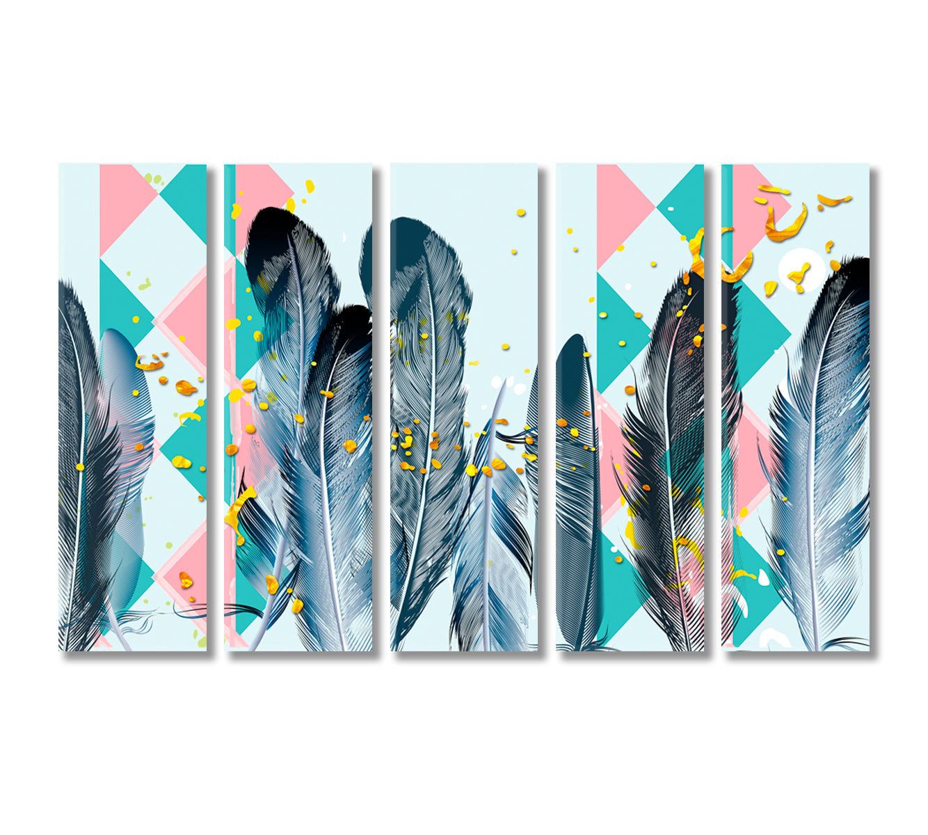 Feathers with Pink and Green Triangles Canvas Print-Canvas Print-CetArt-5 Panels-36x24 inches-CetArt