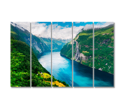 Sunnylvsfjorden Fjord and Seven Sisters Waterfalls Norway Canvas Print-Canvas Print-CetArt-5 Panels-36x24 inches-CetArt