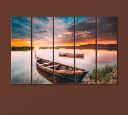 Two Wooden Boats on Lake Canvas Print-Canvas Print-CetArt-5 Panels-36x24 inches-CetArt