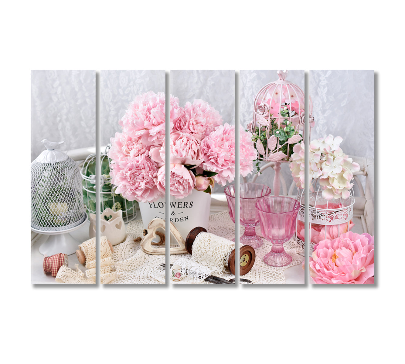 Peony Flowers in Shabby Chic Style Canvas Print-Canvas Print-CetArt-5 Panels-36x24 inches-CetArt