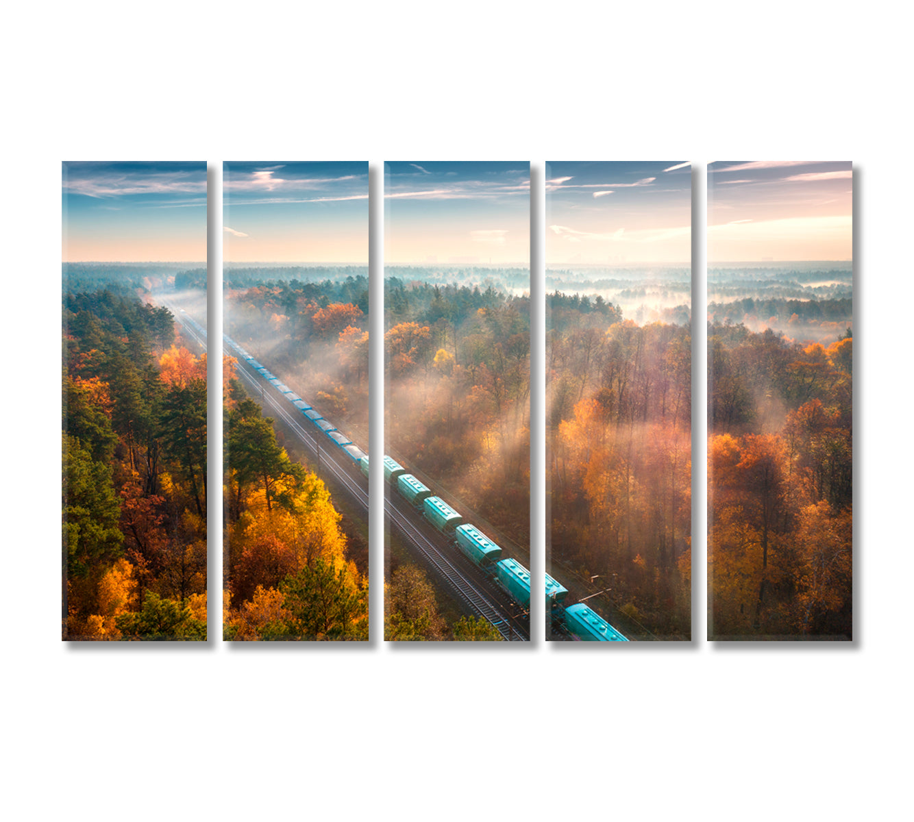 Freight Train in Beautiful Autumn Foggy Forest Canvas Print-Canvas Print-CetArt-5 Panels-36x24 inches-CetArt