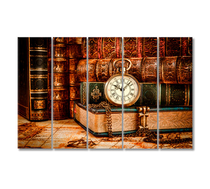 Vintage Antique Pocket Watch with Old Books Canvas Print-Canvas Print-CetArt-5 Panels-36x24 inches-CetArt