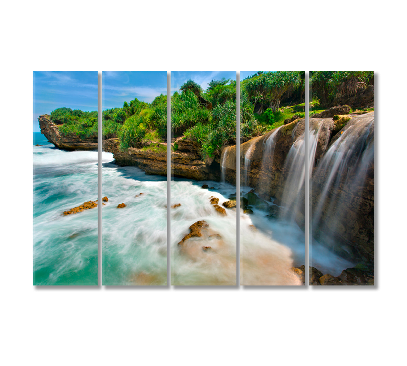 Jogan Beach with Waterfall Java Indonesia Canvas Print-Canvas Print-CetArt-5 Panels-36x24 inches-CetArt