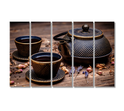 Black Cast Iron Teapot and Cup of Tea Canvas Print-Canvas Print-CetArt-5 Panels-36x24 inches-CetArt